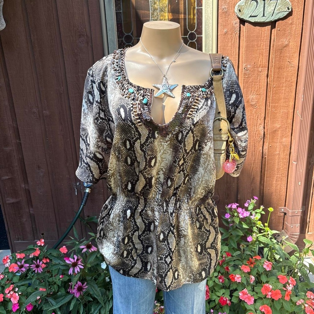 y2k 2000s avant garde snakeskin beaded embellished tunic top